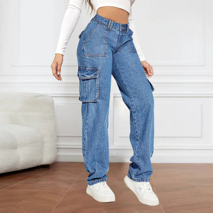 2024 Blue Autumn Cargo Women High Waist Button Pocket Denim Pants High Quality Female Cowboy Jeans