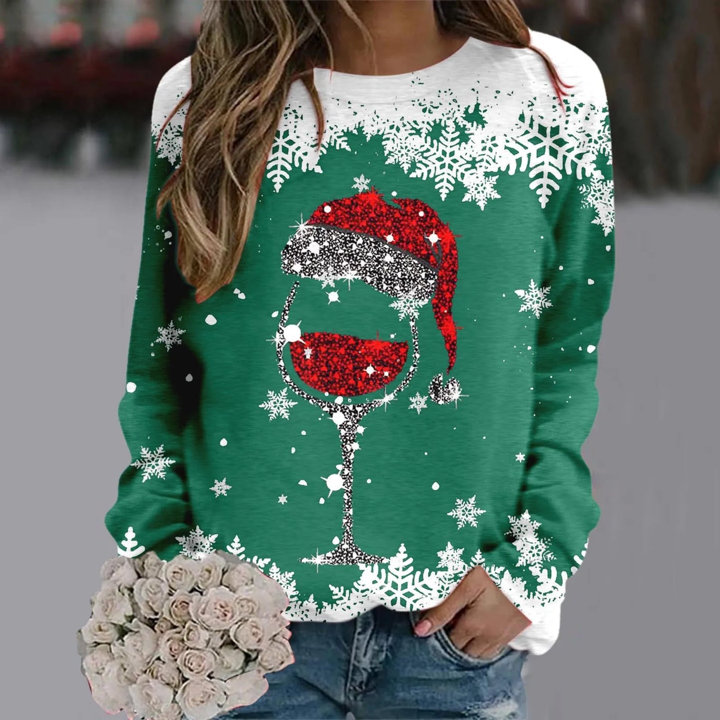 Cute Reindeer Graphic Long Sleeve Sweatshirt New Year Christmas Sweater