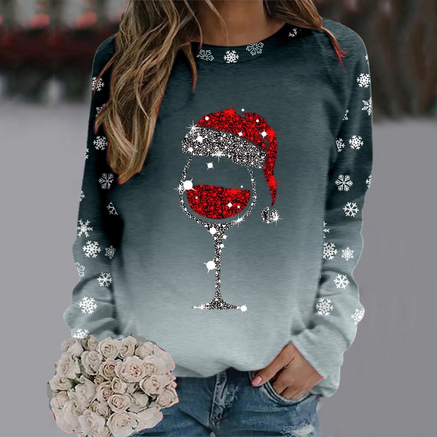 Cute Reindeer Graphic Long Sleeve Sweatshirt New Year Christmas Sweater