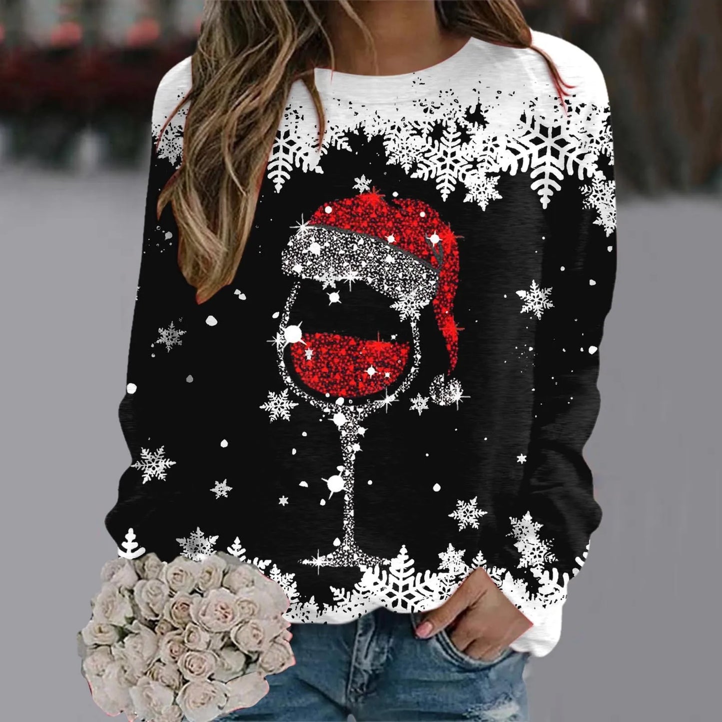 Cute Reindeer Graphic Long Sleeve Sweatshirt New Year Christmas Sweater