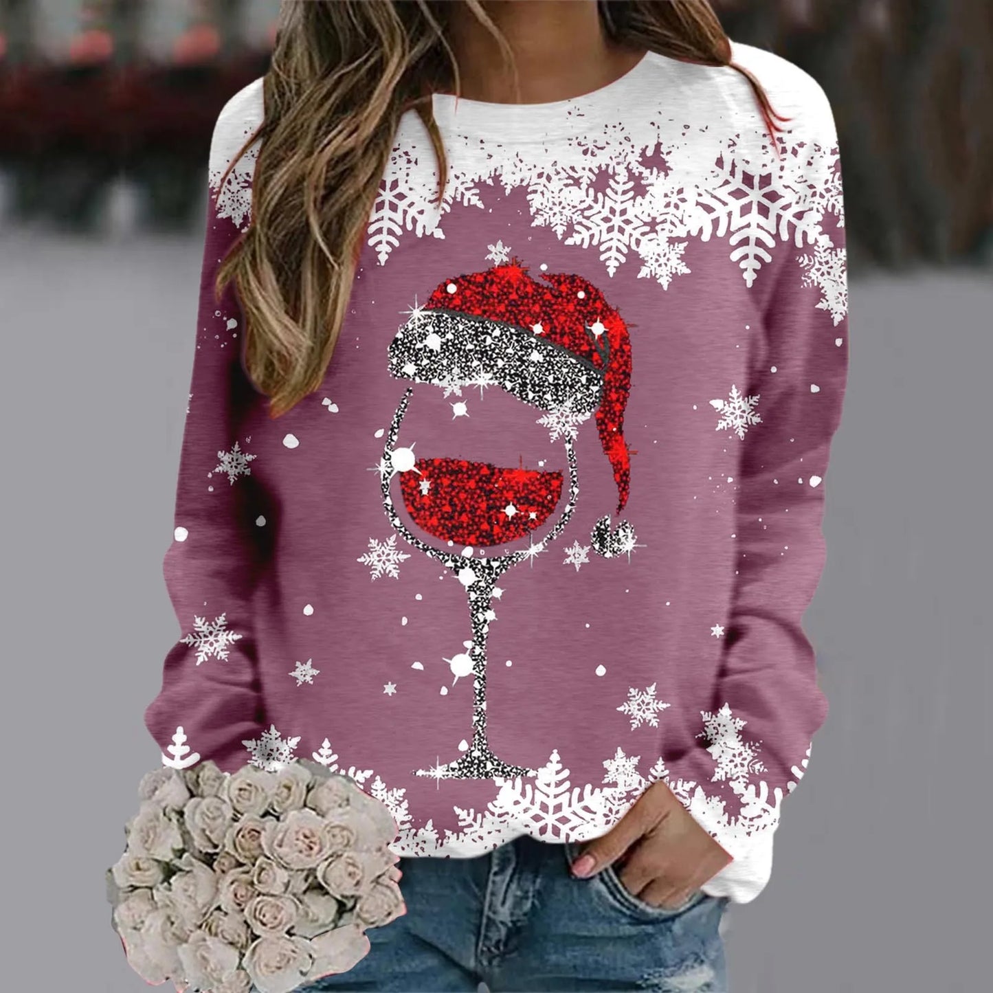 Cute Reindeer Graphic Long Sleeve Sweatshirt New Year Christmas Sweater