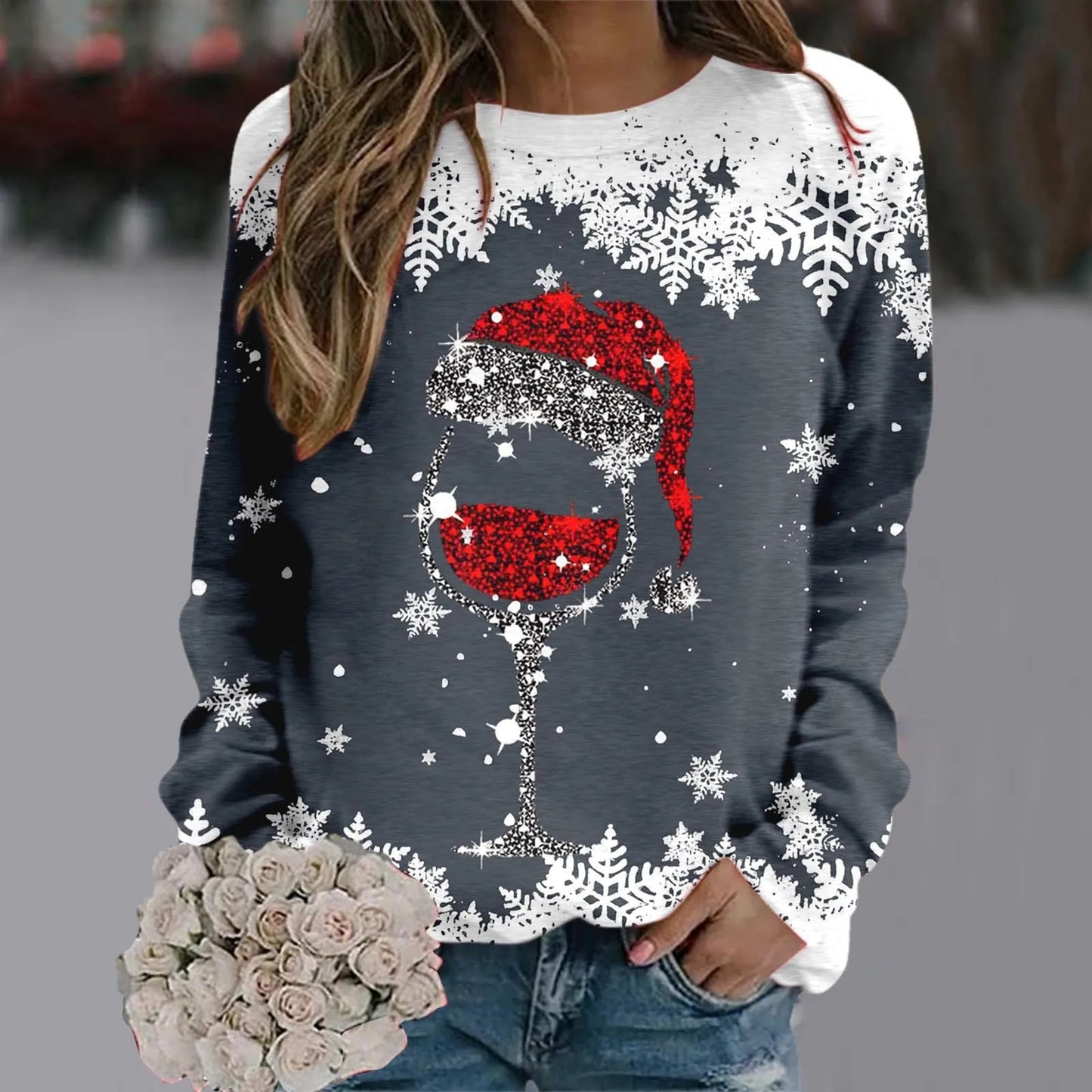 Cute Reindeer Graphic Long Sleeve Sweatshirt New Year Christmas Sweater