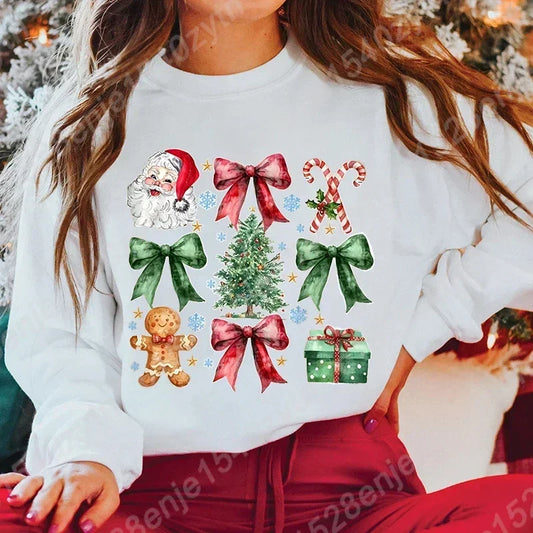 Festive 2024 Casual Round Neck Long Sleeve Bow Print Christmas Hoodie