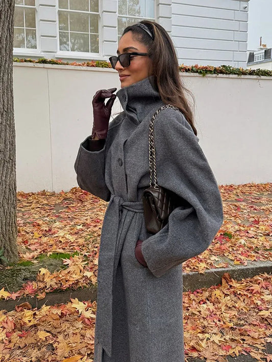 Grey High Collar Long Woolen Coat