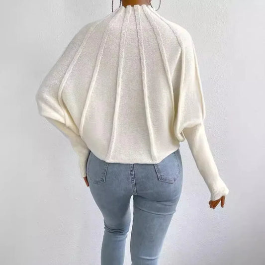 Solid Round Neck  Batball Sleeve  Loose Sweater