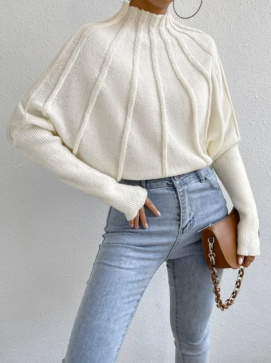 Solid Round Neck  Batball Sleeve  Loose Sweater