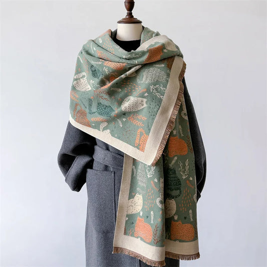 Luxury Cat Print Cashmere Thick Scarf