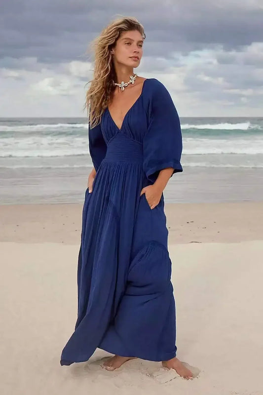 Oversized Backless Deep V Cotton Boho Dress