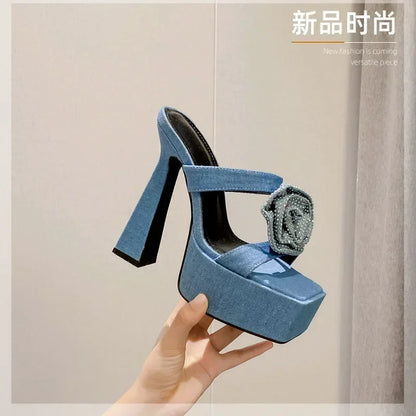 Denim Blue Rhinestone Rose Flower Women Slippers - Summer Design Peep Toe High Heels Sandals