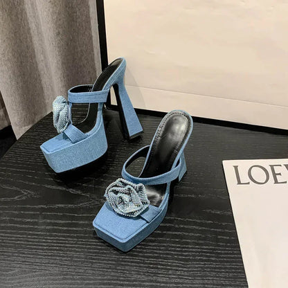 Denim Blue Rhinestone Rose Flower Women Slippers - Summer Design Peep Toe High Heels Sandals