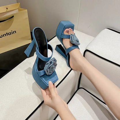 Denim Blue Rhinestone Rose Flower Women Slippers - Summer Design Peep Toe High Heels Sandals