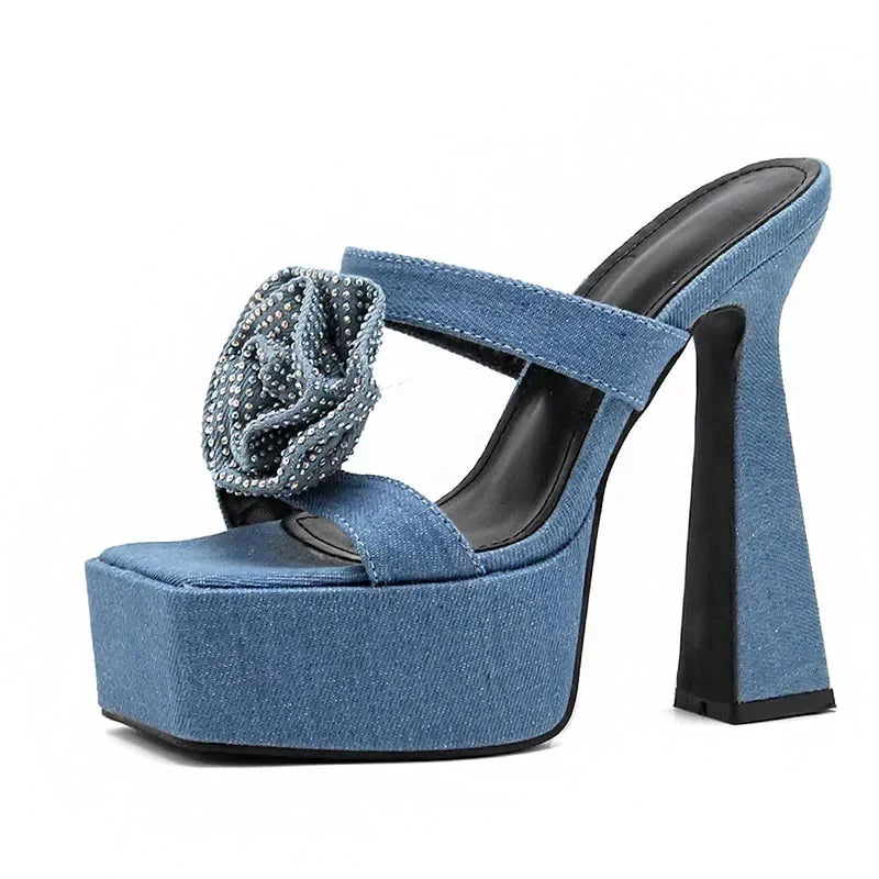 Denim Blue Rhinestone Rose Flower Women Slippers - Summer Design Peep Toe High Heels Sandals