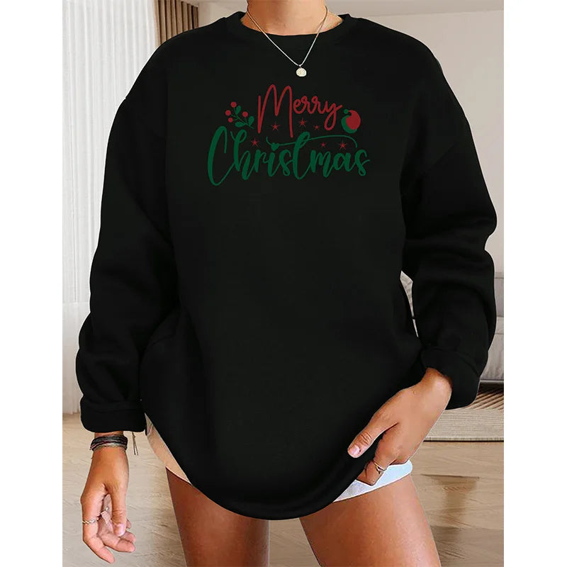 Leisure Merry Alphabet Printed Soft Round Neck Retro Christmas Hoodie