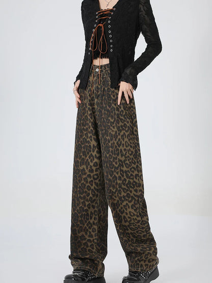 2024 New Leopard Print Wide Leg Women High Waisted Fashion Streetwear Retro Y2K Denim Baggy Casual Straight Jean