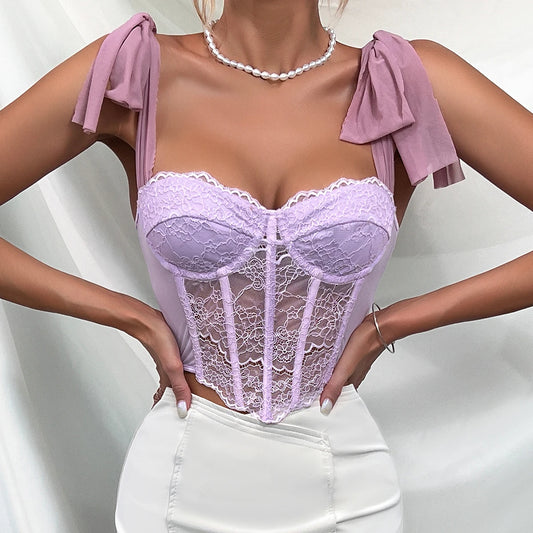 Purple Lace Bow Shoulder Strap Fishbone Crop Top