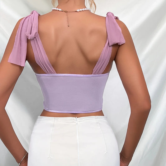 Purple Lace Bow Shoulder Strap Fishbone Crop Top