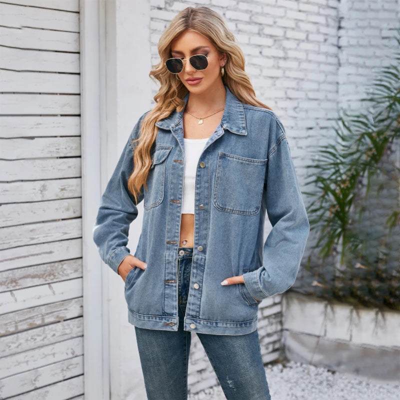 Womens Autumn Spring Oversized Denim Casual Distressed Boyfriend Comfy Jacket