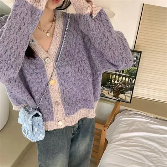 Purple Patchwork Loose Soft V-Neck Knitted Cardigan