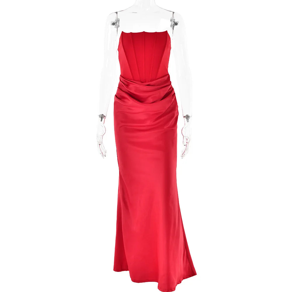 Elegant Corset Strap Neck Backless Maxi Red Christmas Party Dress