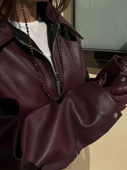 Burgundy Zipper Front PU Leather Coat