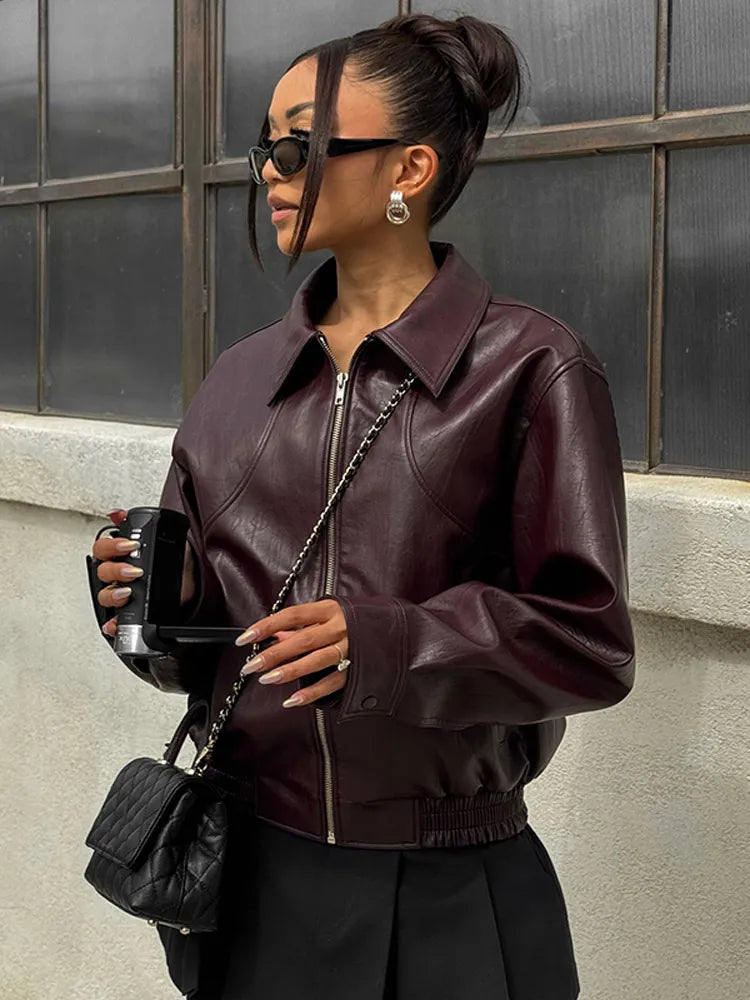 Burgundy Zipper Front PU Leather Coat