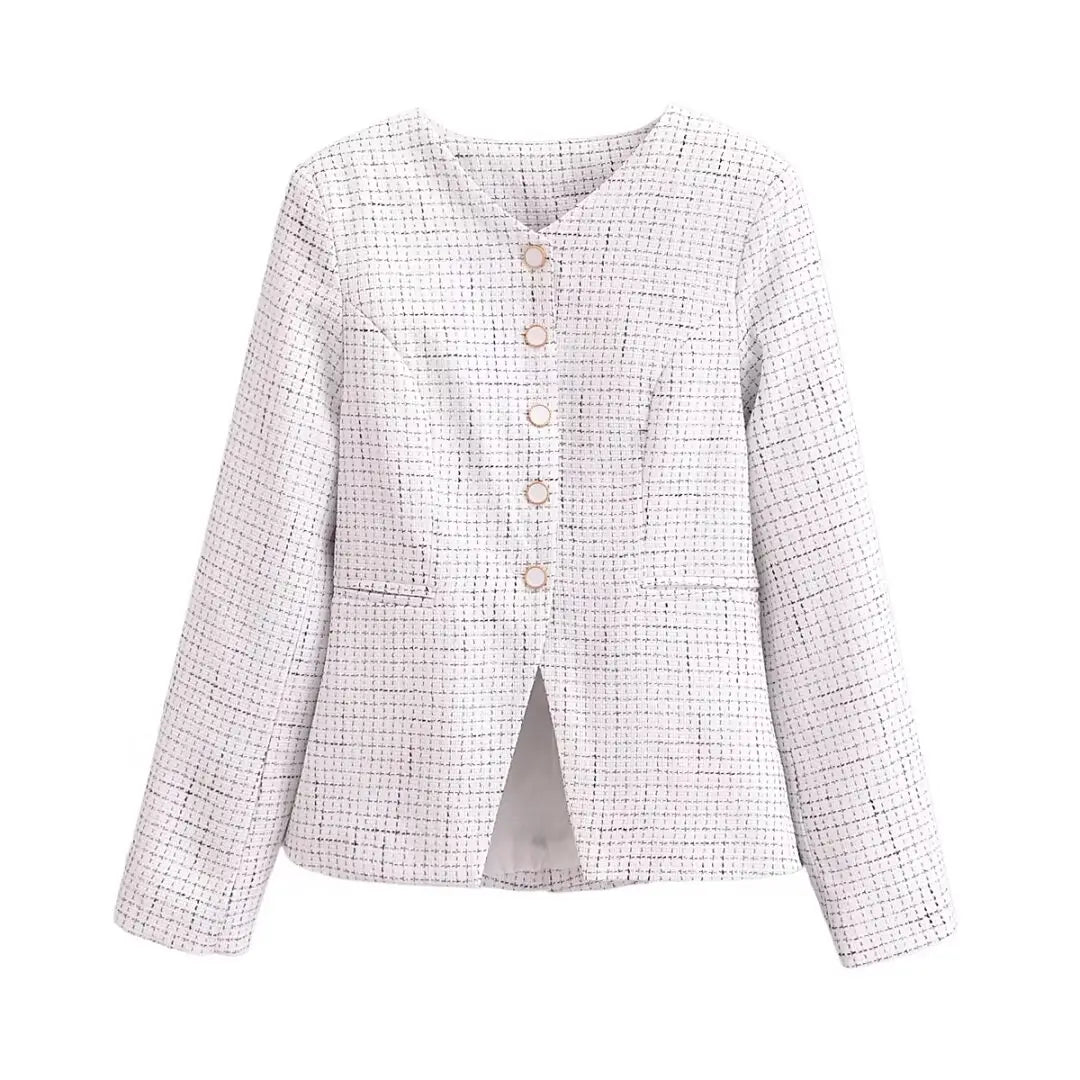 Spring V Collar White Plaid Woven Tweed Slim Waist Single-Breasted Button Slit Blazer