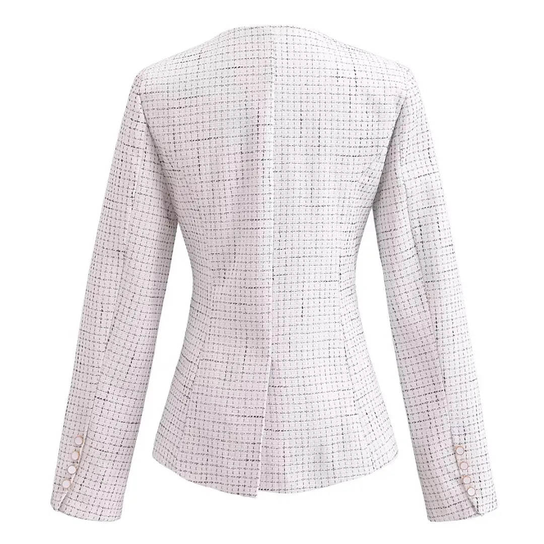 Spring V Collar White Plaid Woven Tweed Slim Waist Single-Breasted Button Slit Blazer