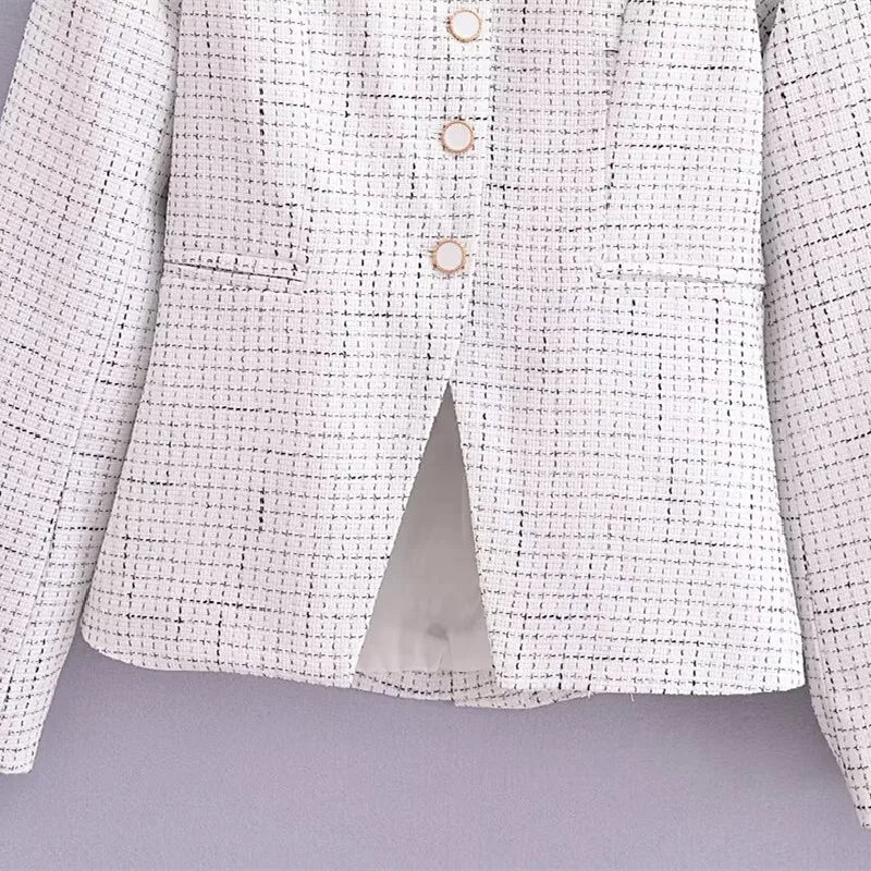 Spring V Collar White Plaid Woven Tweed Slim Waist Single-Breasted Button Slit Blazer