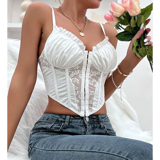 Trendy Mesh Fishbone Lace Pleated Sexy Crop Top