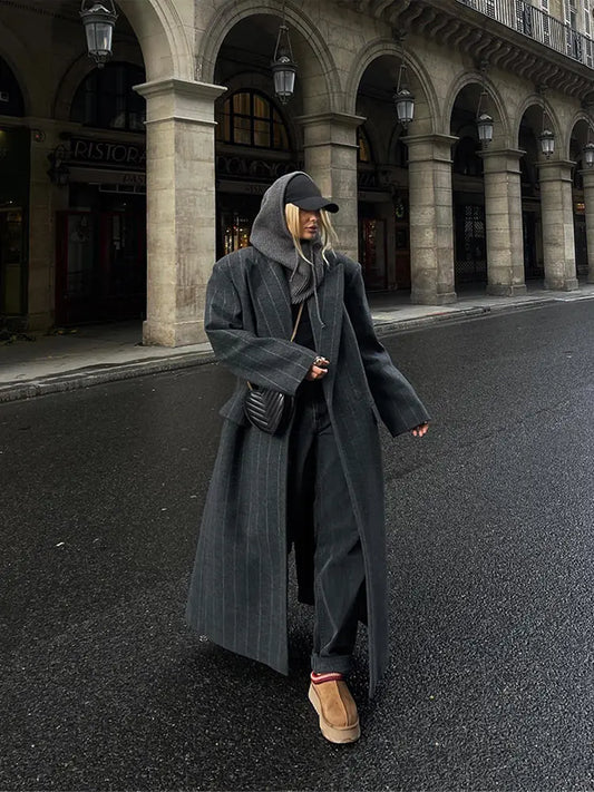 Dark Grey Stripe Woolen Coat