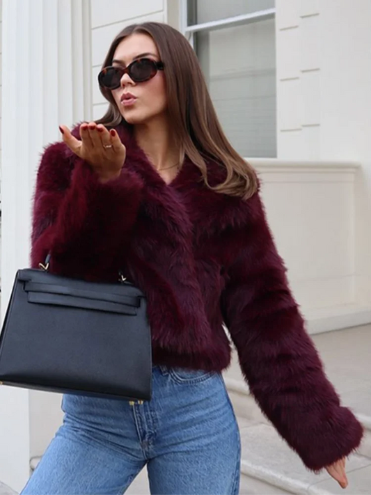 Burgundy Fluffy Turn-down Collar Coat