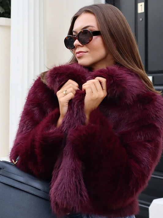 Burgundy Fluffy Turn-down Collar Coat