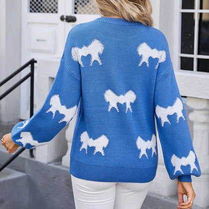 Oversize Bow Basic Print O-Neck White Thick Knitted Christmas Sweater