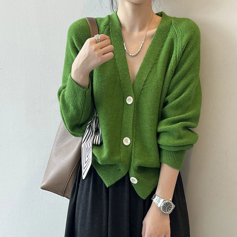 V-Neck Single Button Knitted Green Cape Clothes Autumn Women Christmas Sweater