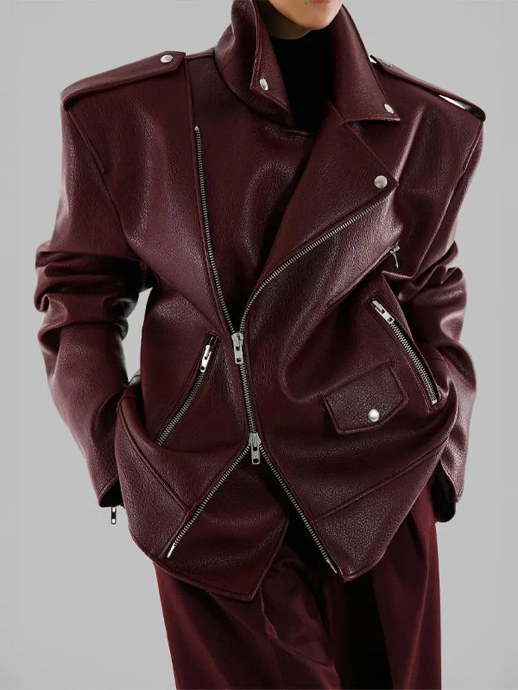 PU Leather Double Zipper Coat