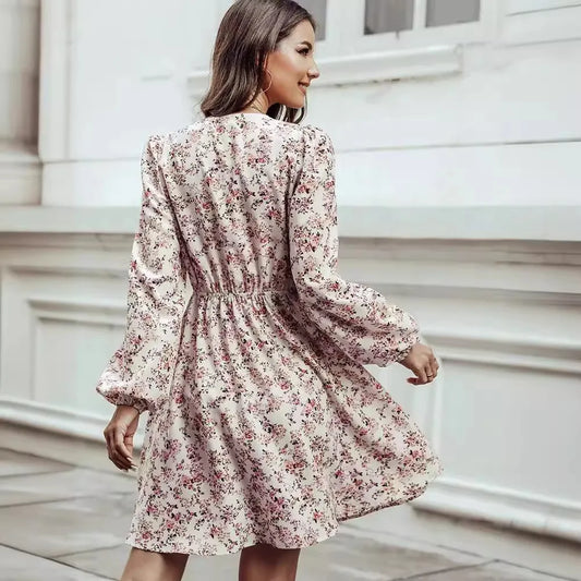 Elegant V-Neck Floral Mini Chiffon Dress