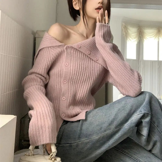 utton Off Shoulder Gray Sweater