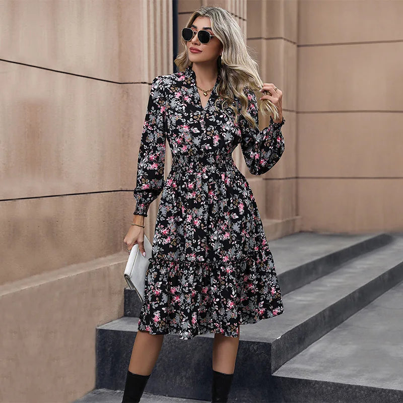 2024 Long Sleeve Printed A-Link Skirt Vestido De Cuello V Cerrado Summer Women Clothing Floral Dress