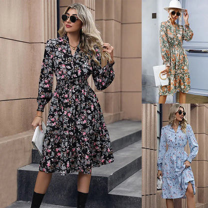 2024 Long Sleeve Printed A-Link Skirt Vestido De Cuello V Cerrado Summer Women Clothing Floral Dress