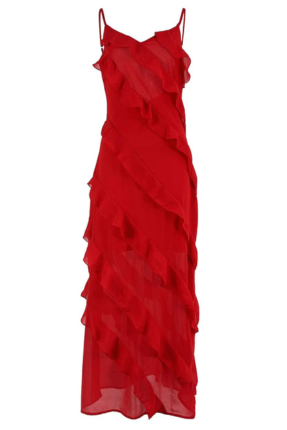 Elegant Ruffles Chiffon Backless Split Maxi Red Christmas Party Dress