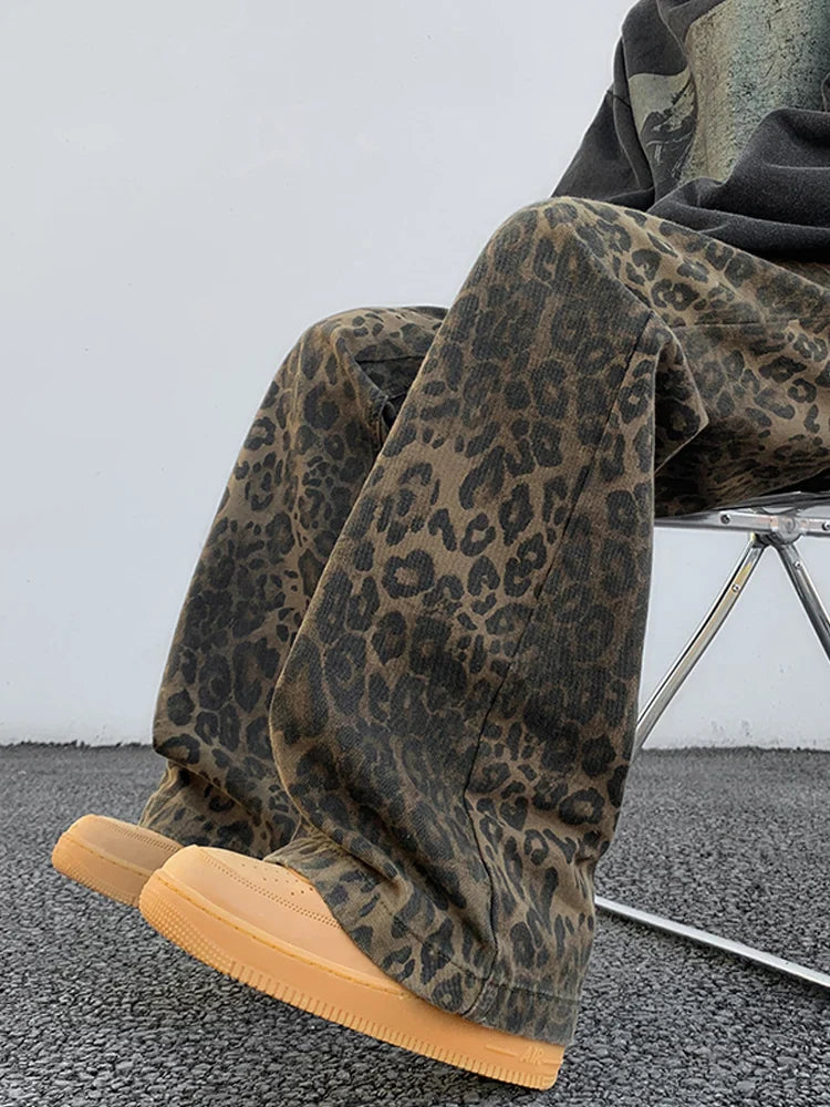 2024 Y2K Leopard Print Wide Leg Women High Waisted Fashion Streetwear Retro Denim Baggy Casual Straight Jean