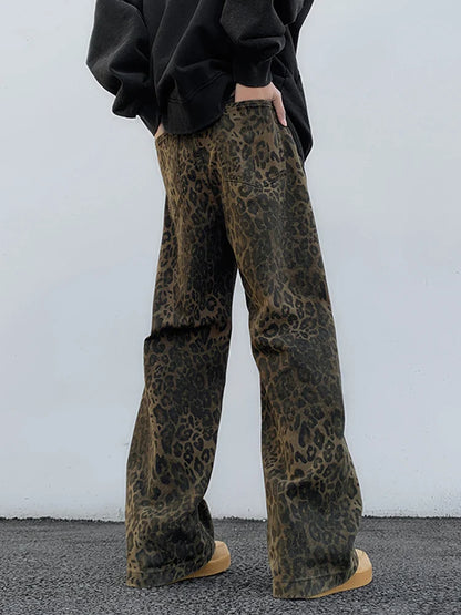 2024 Y2K Leopard Print Wide Leg Women High Waisted Fashion Streetwear Retro Denim Baggy Casual Straight Jean