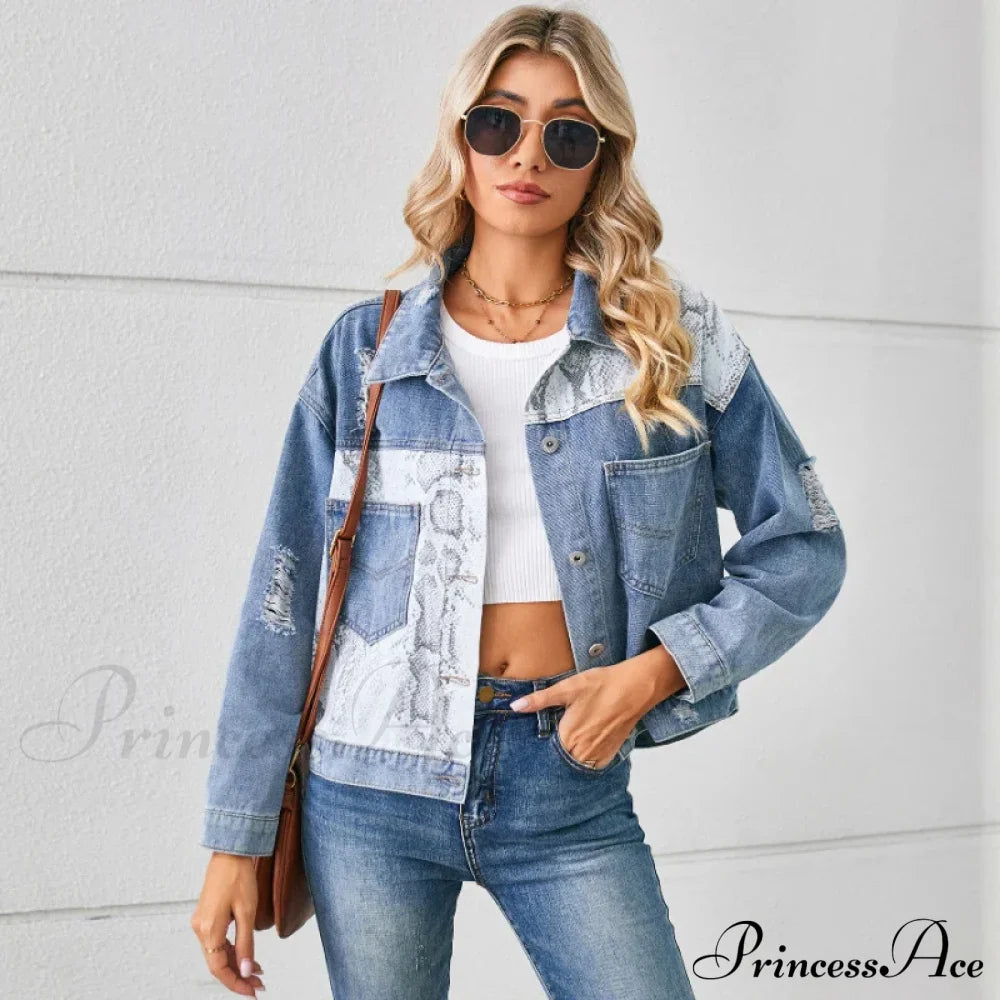 2024 Autumn Denim Stand Collar Patchwork Slim Fit High Waist Jacket