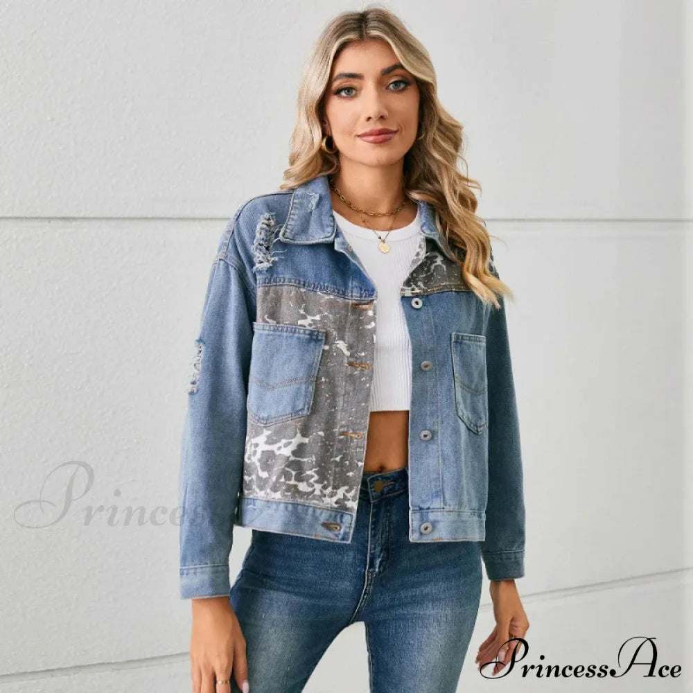 2024 Autumn Denim Stand Collar Patchwork Slim Fit High Waist Jacket