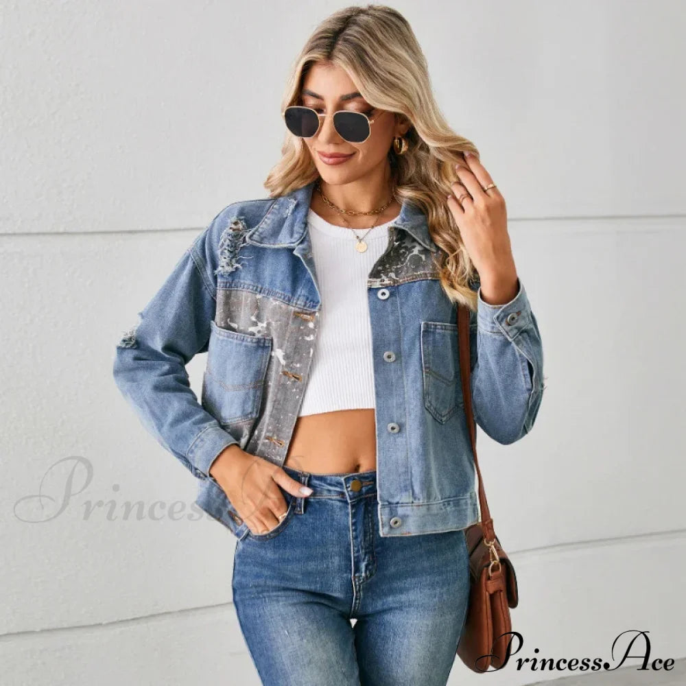 2024 Autumn Denim Stand Collar Patchwork Slim Fit High Waist Jacket