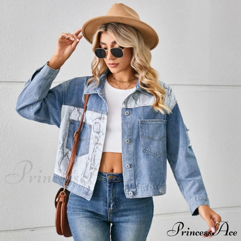 2024 Autumn Denim Stand Collar Patchwork Slim Fit High Waist Jacket