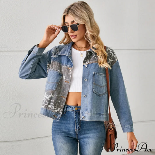 2024 Autumn Denim Stand Collar Patchwork Slim Fit High Waist Jacket Blue / S