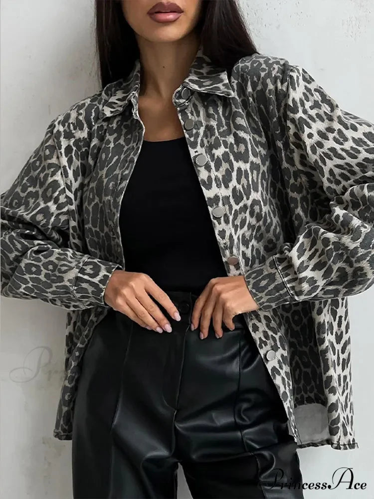 2024 Autumn Winter New Denim Long-Sleeved Leopard Stitching Slim Fit Jacket