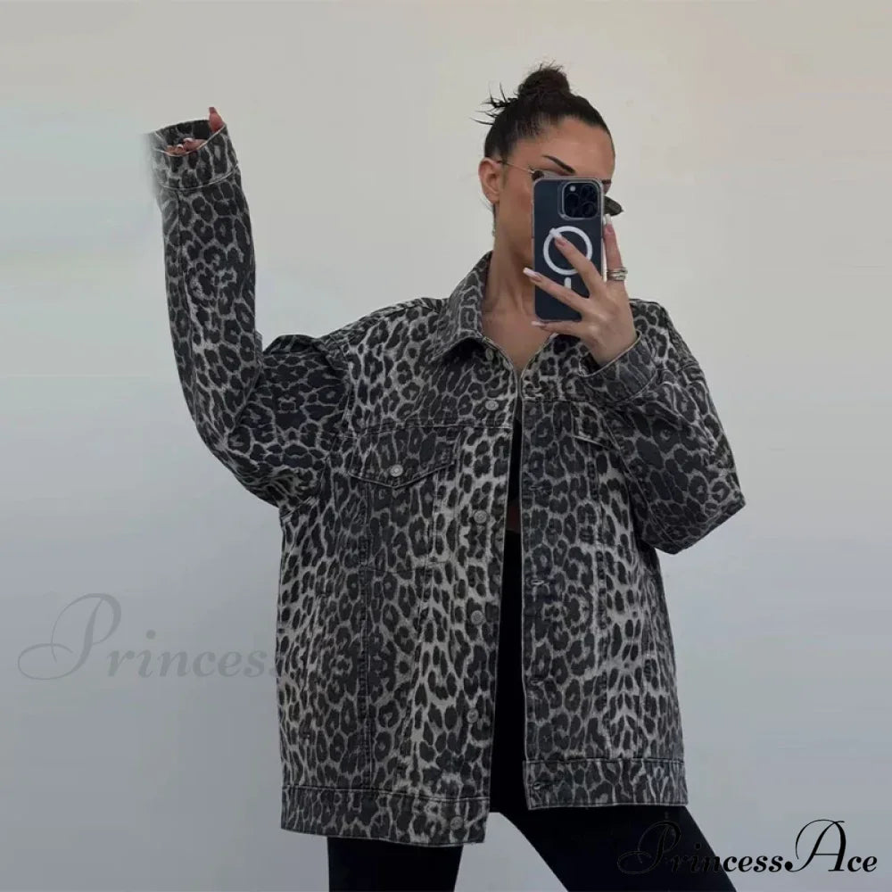 2024 Autumn Winter New Denim Long-Sleeved Leopard Stitching Slim Fit Jacket Grey / S