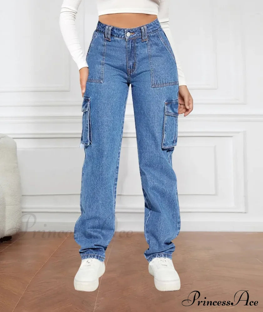 2024 Blue Autumn Cargo Women High Waist Button Pocket Denim Pants Quality Female Cowboy Jeans